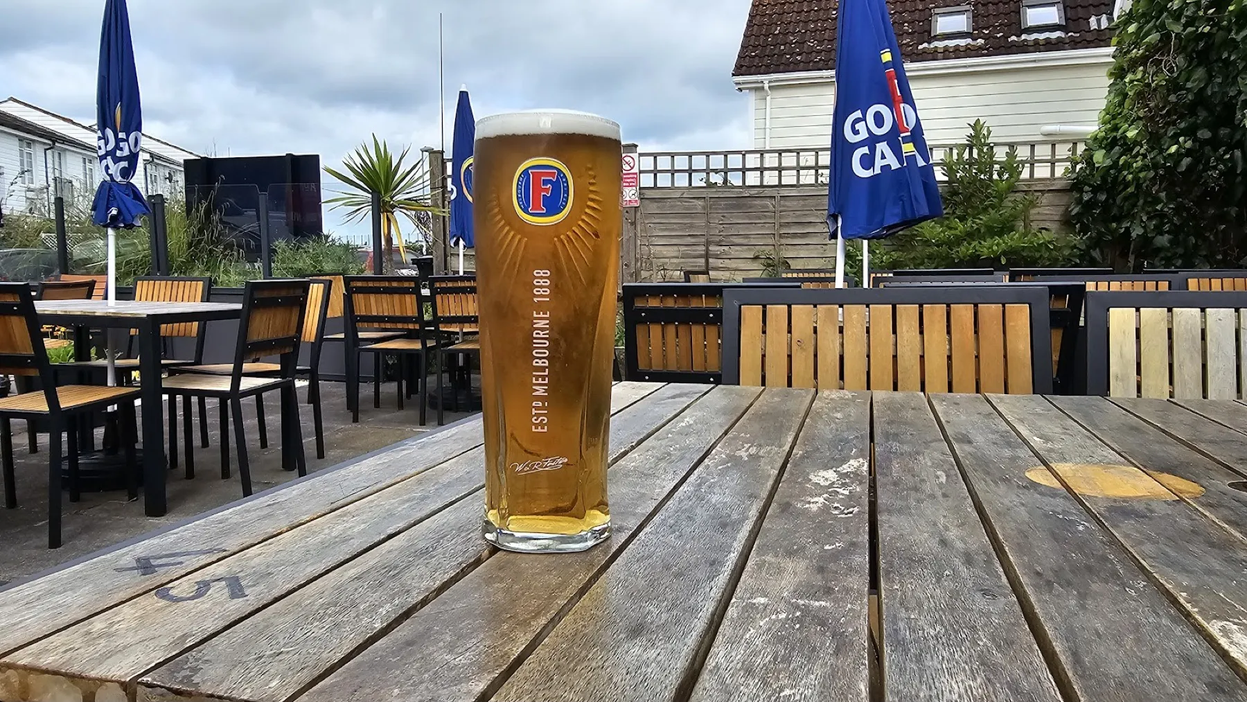 A cold pint on a table in the garden at the Lifeboat Inn, Selsey